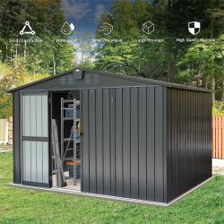 Outdoor Storage Shed 10'x 8', Metal Garden Shed for Bike, Trash Can, Tools, Galvanized Steel Outdoor Storage Cabinet with Lockable Door for Backyard, 