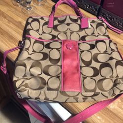 Coach Brown And Pink Large Jacquard Fold Over Tote Bag