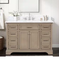Windlowe 49 in. Single Sink Almond Taupe Bath Vanity with White Carrara Marble Top (Assembled)