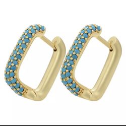 Hoop Earrings Golden Color Turquoise Beads 