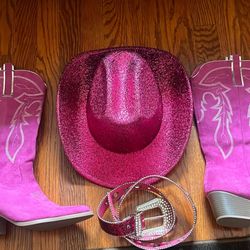 Cow Girl Pink Hat Boots Size 9 And Belt