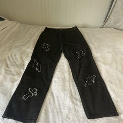 Black And White Cross And Thunder Jeans