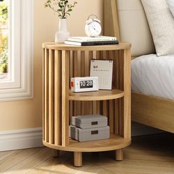 Round End Table, Wood Bedside Table, Mid Century Modern Nightstand with Open Storage Shelf, 3 Tier Small Side Tables for Living Room, Bedroom, Curved 