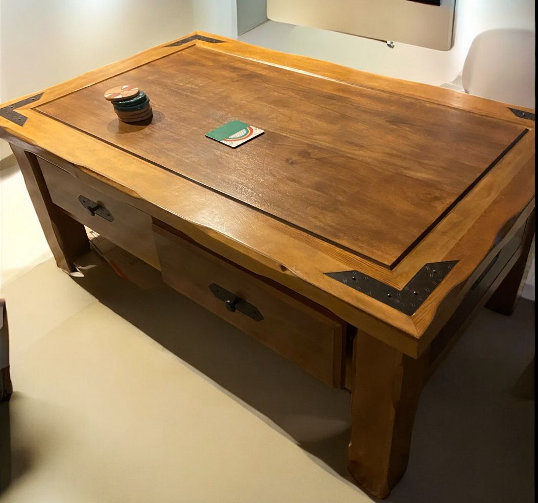 Wooden /rot Iron Coffee Table With Drawers W/ Two End Tables