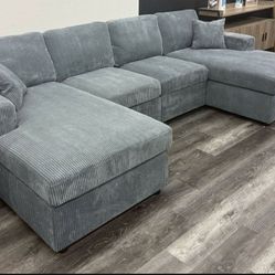 U Shape Sectional Sofa, Double Chaise Sectional Grey Corduroy 