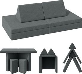 Modular Kids Play Couch, Convertible Folding Sofa with Removable Cover, Dark Gray  