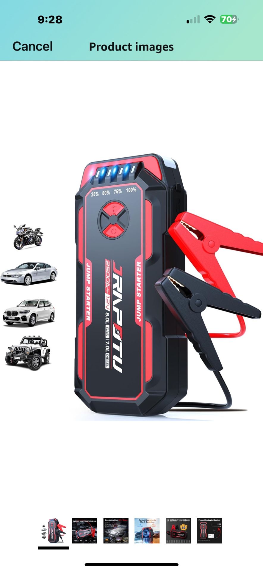 Portable Car Jump Starter, 2500A Peak Battery Jumper Starter Portable, Jump Box for Car Battery, 12V Portable Jump Starter for 8.0L Gas & 7.0L Diesel