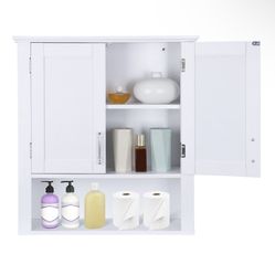 Bathroom Medicine Cabinet with 2 Door and Adjustable Shelves Wood Frame, White