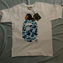 white and blue bape shirt