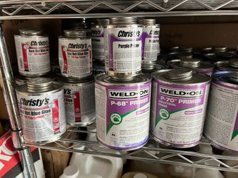 I Have Christy’s Red Hot Blue Glue $13 each and Weld-on Primer /and Weld-on CPVC $10 Each Can 32oz   Tengo pegamento$13 y primer / cpvc / plomeria y g