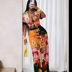 BamGleam Women's Vacation Yellow Floral Print Short Sleeve Shirt And Wide Leg Pants 2 Pieces Set SummerHoliday