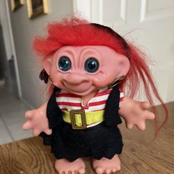 Vtg  1960's Pirate Girl Doll- 7" Dam Troll Baby Red Long Crazy Hair Blue Eyes