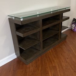 Dark Brown And Glass TV Stand Media Console With 9 Shelves