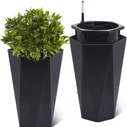 22.4" Tall Planters Set of 2 Large Flower Pots Outdoor & Indoor with Rolling Wheels, Automatic Watering, Water Level Monitor, Drainage Holes, Black
