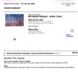 between friends 2 concert tickets SD music box 10/29/25