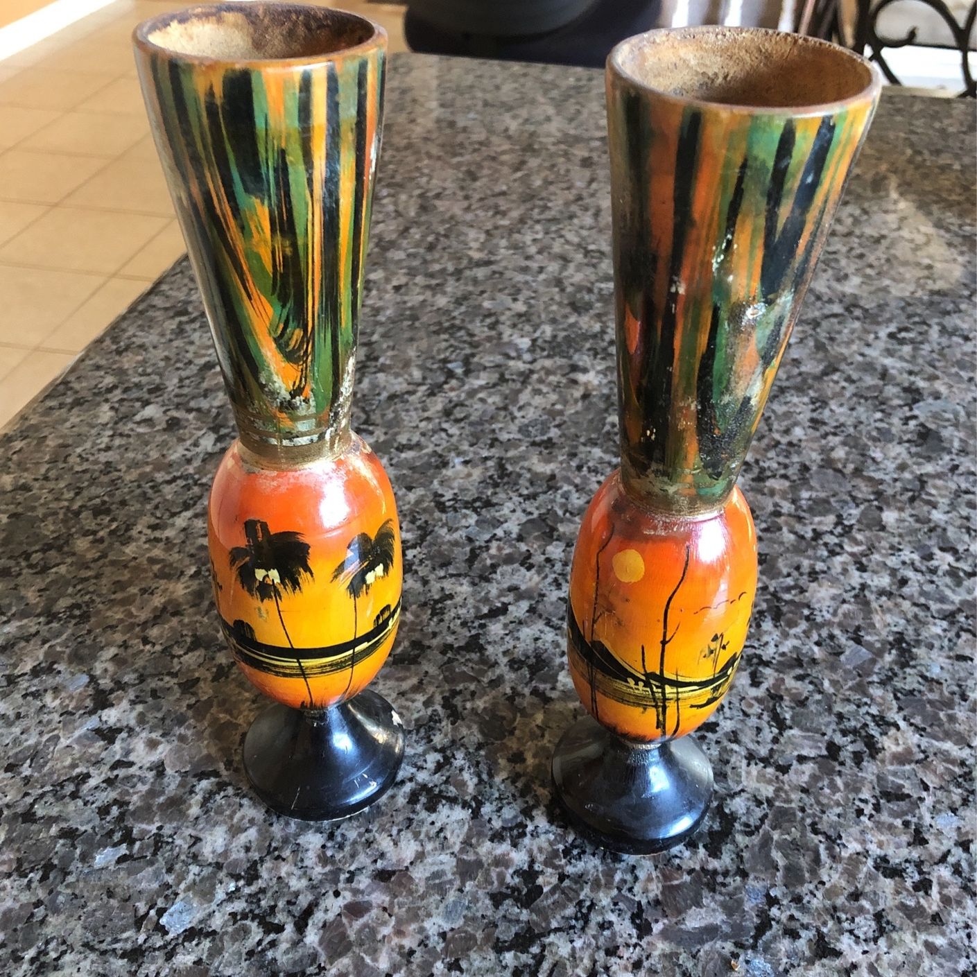 Pair Of Wood Hand Painted Flower Vases.