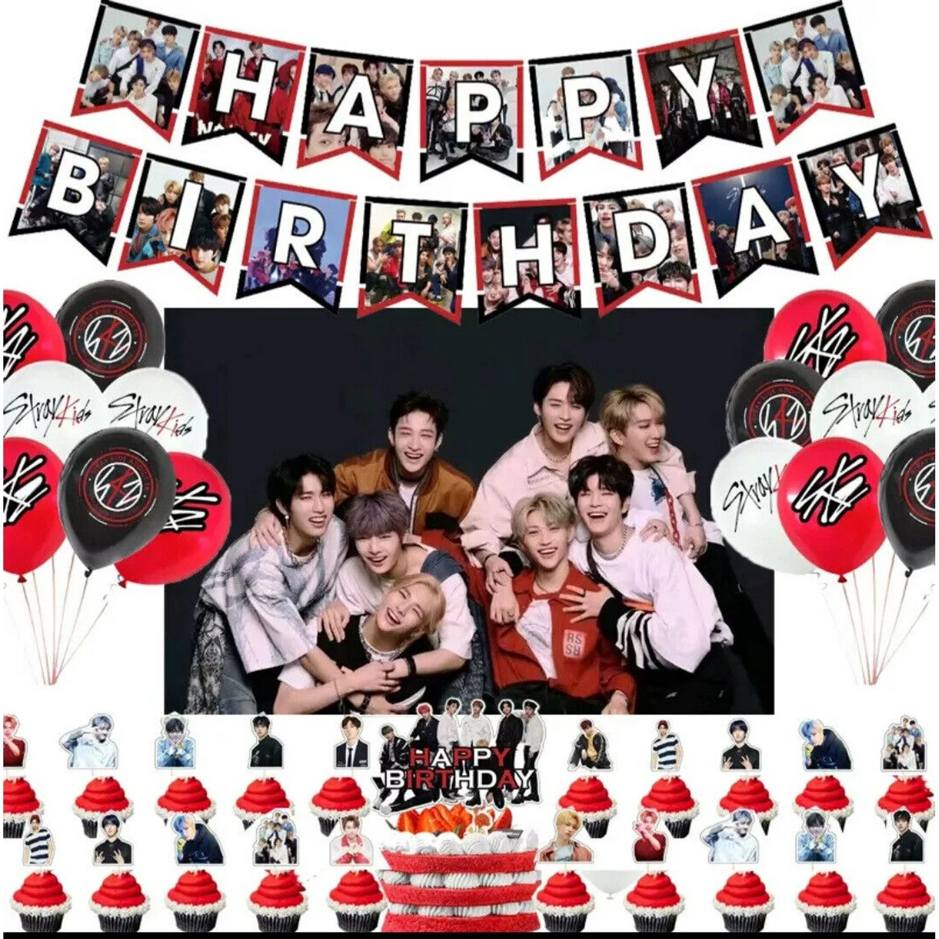 NEW — Kpop Party Decoration, STRAY-KIDS Birthday Party Supplies Include Happy Birthday Banners, Cake Toppers, Cupcake Toppers, Balloons