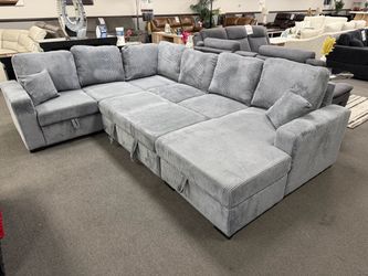 Gray Corduroy Sectional Sofa with Pull-Out Bed