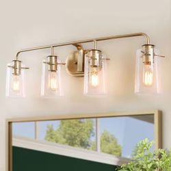 31 in. Gold 4-Light Bathroom Vanity Light Fixture – Modern Clear Glass Wall Light