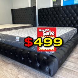QueeN Black Button Platform Bed w. Orhopedic Mattress Included