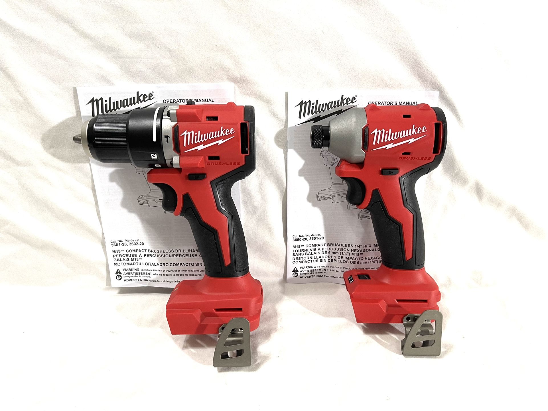 Brand New Never Used Milwaukee M18 Brushless Three Speed Impact Driver & Two Speed Hammer Drill. If Bought Separately Details For $159 Each. I’ll acce