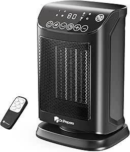 DR.PREPARE 1500W Small Space Heater for Indoor Use, Portable PTC Ceramic Electric Heater with Thermostat, Oscillation, Remote, 12H Timer, 3 Heat Modes