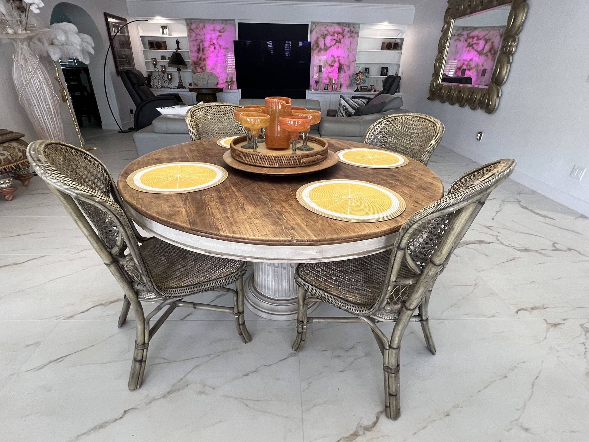 Palecek Dining round table with four Antique Side Chairs
