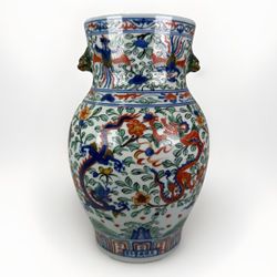 Chinese Doucai Porcelain Lucky Dragon Ears Bottle Vase Pot Unmarked Qing Style