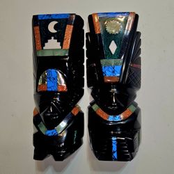 Aztec Statue Carved Onyx Mayan Inlaid Semi Precious Stone Abalone Sun & Moon Set