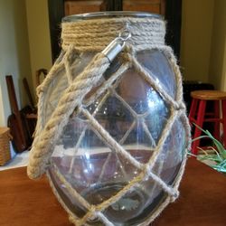 Large "S" Glass Jute Rope Candle Holder Hanger Lantern Terrarium, 12 1/2" Tall, 8 1/2" wide, with a 4 1/2" opening
