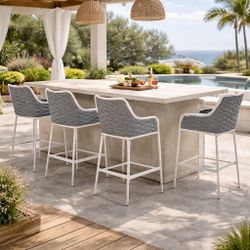 New Set of 4 30” Outdoor Bar Stools, Modern Patio Bar Chairs with Steel Frame, Ergonomic Backrest & Cushions, Weather-Resistant, Lightweight & Sturdy,