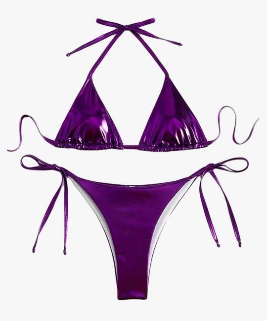 Women's Metallic Shiny Bathing Suit High Waisted Triangle Tie Side Swimsuit Bikini Set, Dancer fit. Pleaser fit, Small