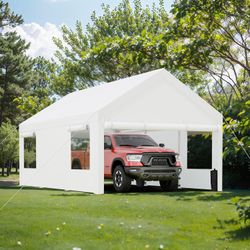 New 12x20ft Carport, Reinforced Steel Poles with Removable Sidewalls and Doors, Roll-Up Windows with Sandbags and Tarp for All Seasons Carport,  New i