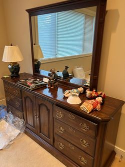 Large Lowboy Dresser with Bronze Pulls and Mirror