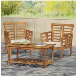 3-Piece Wood Patio Conversation Set with Beige Cushions