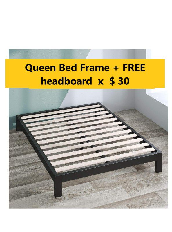 Metal Queen Bed Frame, HeavyDuty,Wooden Slats,NoBoxSpring need, 81x61x9.5"+FREE leathereet headboard