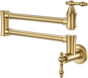 Pot Filler Faucet, Traditional Brushed Gold Wall Mount Kitchen Faucet with Double Joint Swing Arms Brass Kitchen Pot Filler