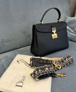 Authentic Christian Dior Handbag Black Leather Gold Hardware w/ Dior Oblique Strap