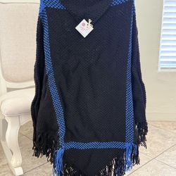 Handmade Black and Blue Poncho | Size: 2XL-3XL, Unisex