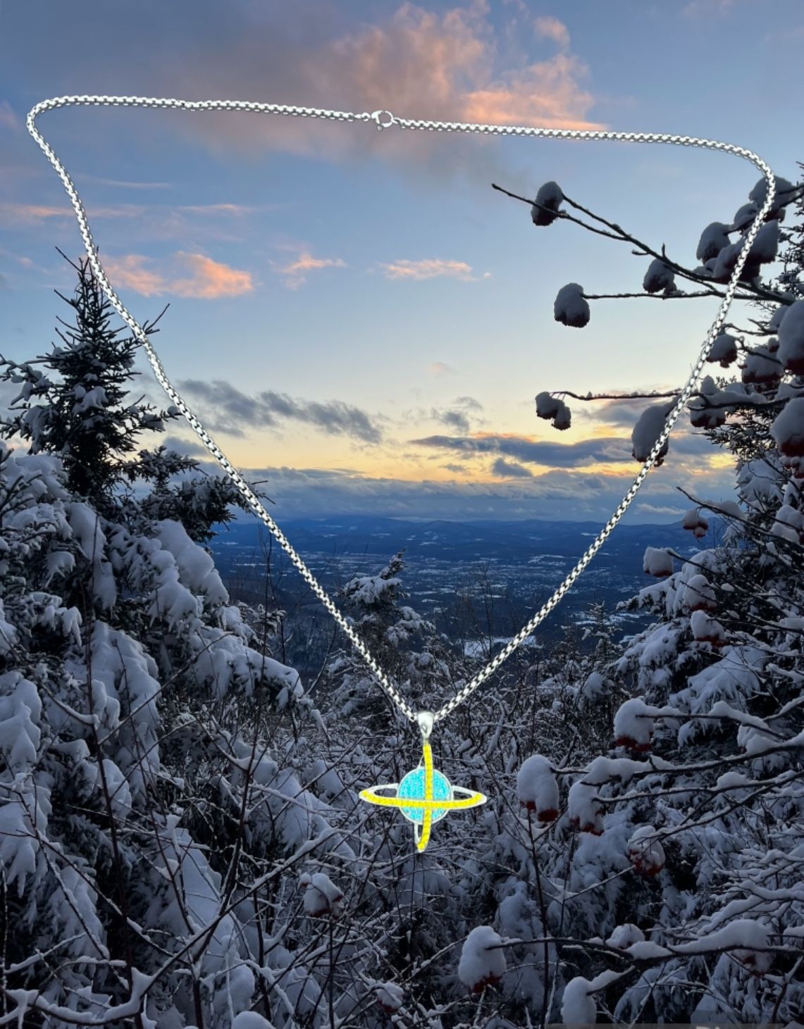 Worldwide Space Planet Territorial Galaxy Gold Diamond Necklace 