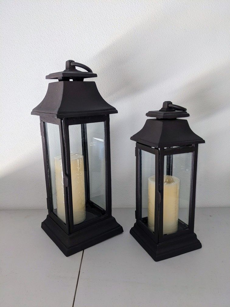 Restoration Hardware Cast Iron Savoy Outdoor Candle Lantern, Set Of 2 w/Candles