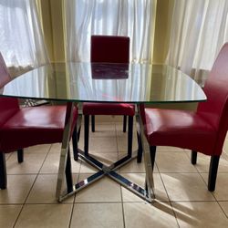 Zuo Modern “Lemon Drop” Glass Top And Chrome Kitchen Dining Table, Including FOUR Free Chairs