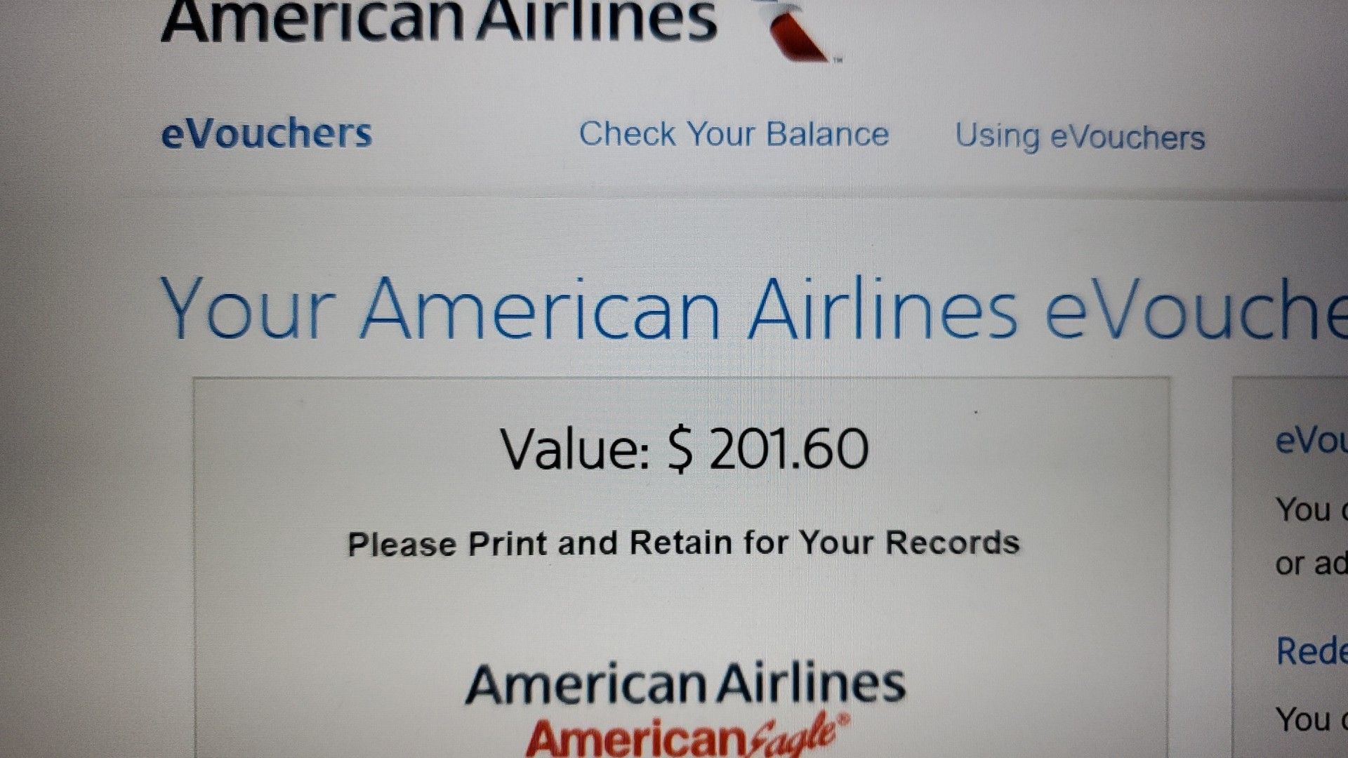 American airlines e voucher for 170 usd worth 201 usd