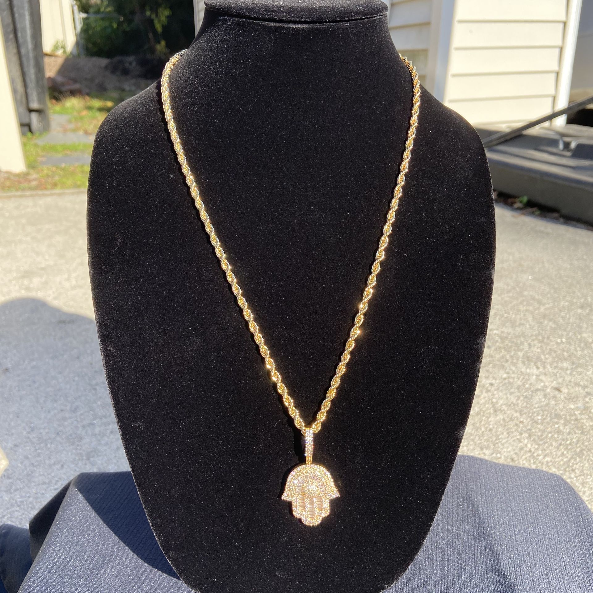 Gold Chain Rope Chain Necklace 24in 4mm And Icy Hamsa Hand Pendant Set 