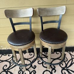 Set of 2 Swivel Bar Stools Industrial Wood Metal Faux Leather Counter Chairs