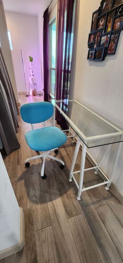 White glass top desk with chair