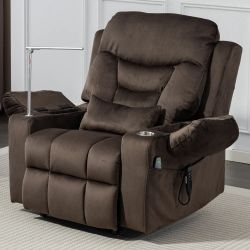 #A36 -Brown 28" Extra Wide 3-Motor Velvet Zero Gravity Power Lift Recliner with Storage, Reading Light, Massage&Heating