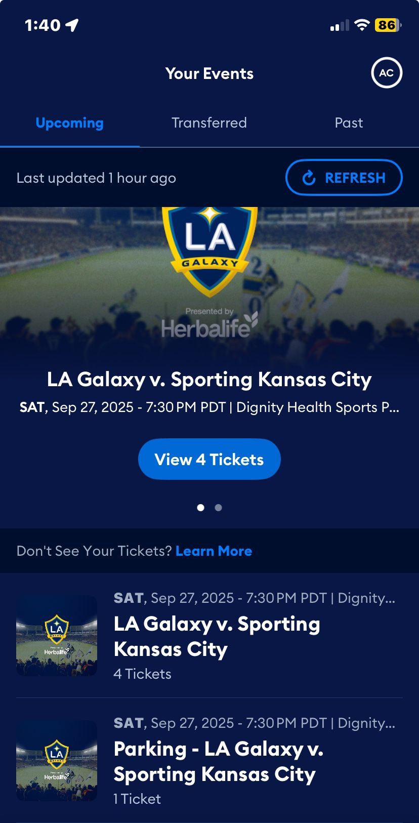 LA Galaxy Vs Kansas City (4 Tickets + GOLD Parking) 