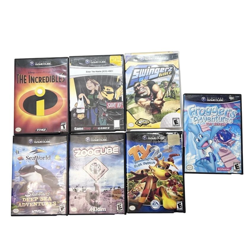 Nintendo Gamecube Lot 7 Incredibles Matrix Swingerz Frogger SeaWorld ZooCube Ty