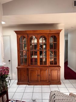 Large Oak China Cabinet with Glass Doors